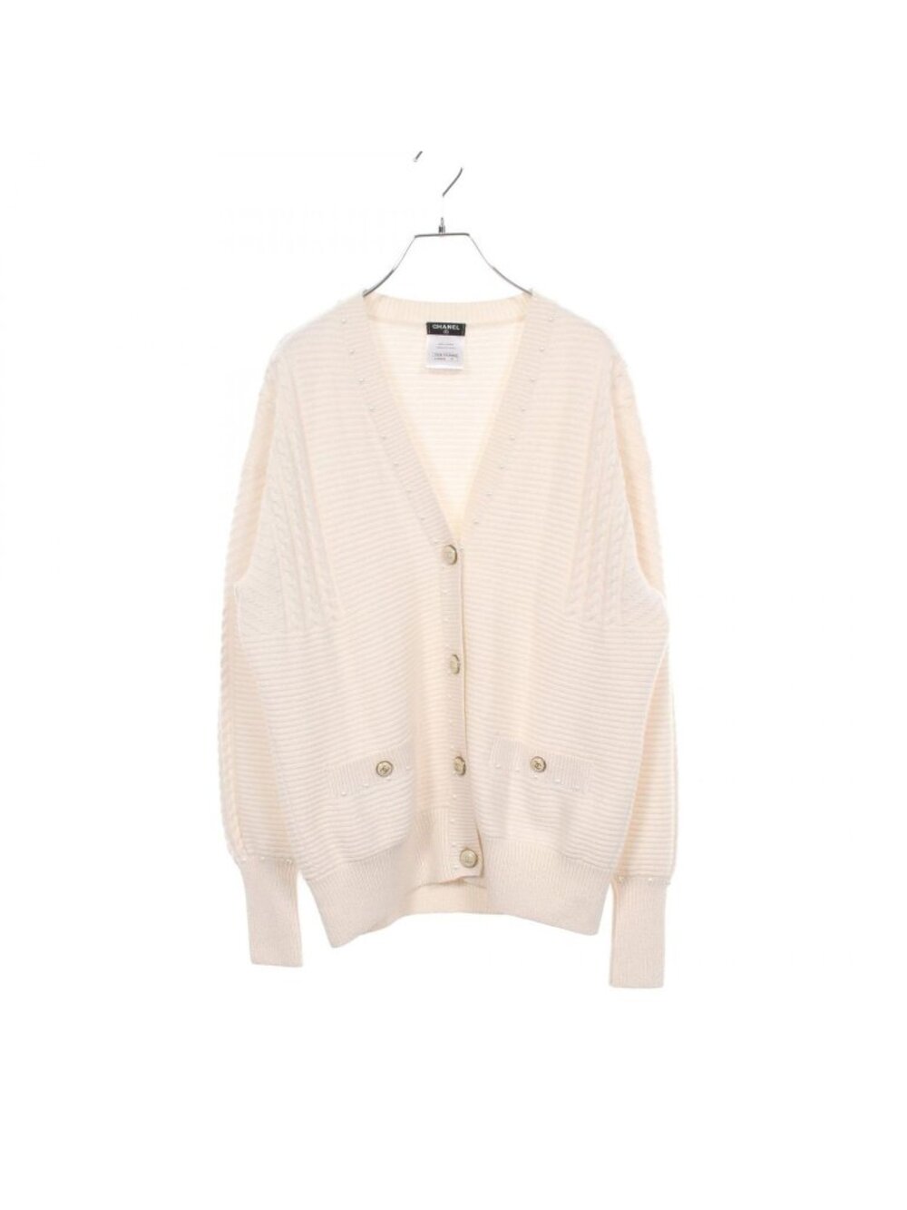 Chanel Cardigan CC Logo Button Faux Pearl White Cotton Cashmere